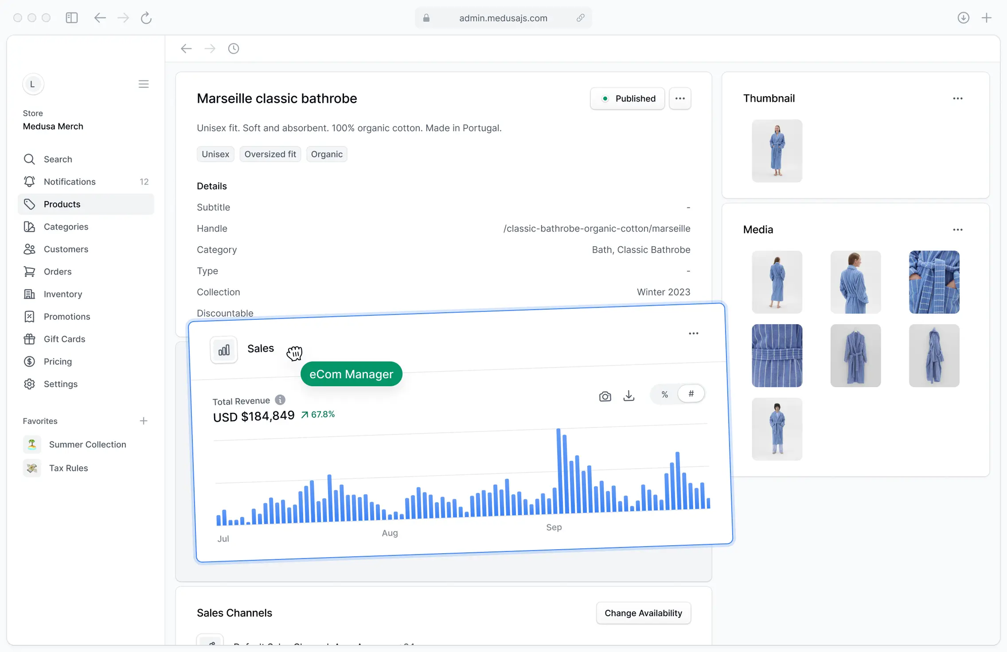 The Medusa.js admin dashboard with products, orders, customers and stock in the left navigation and a product page in view